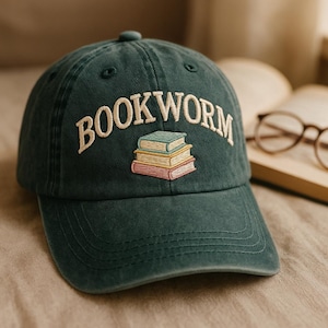 Embroidered Bookworm Wash Dad Cap, Book Stack Gift, Dark Academia Aesthetic Hat, Cute Reader Baseball Cap