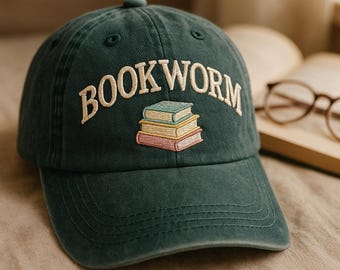 Gestickte Leseratten-Kappe, Bücherstapel-Geschenk, dunkle Academia-Ästhetik-Hut, niedliche Leser-Baseballmütze