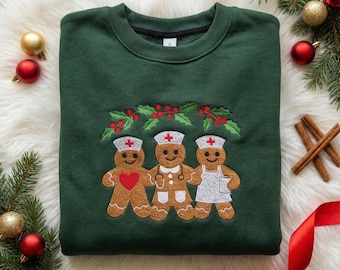 Embroidered Nurse Gingerbread Team Sweatshirt, Holly Christmas Nurse Crewneck, Medical Professional Sweater, Holiday Nurse Gift