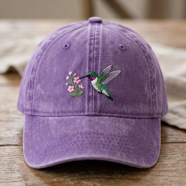 Bestickter Kolibri-Hut, Blumen- und Vogelgeschenk, gewaschene Dad-Kappe, Kolibri-Liebhaber-Kopfbedeckung, Naturstickerei, Frühlingsmode-Hut