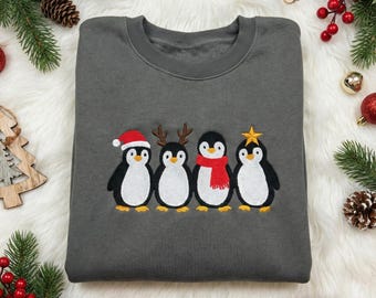 Embroidered Christmas Penguin Sweatshirt, Reindeer Penguin Hoodie, Festive Animal Crewneck, Penguin Lover Gift, Holiday Bird Tee