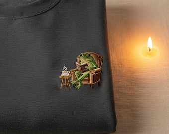 Frog Reading Book Embroidered Sweatshirt, Cottagecore Aesthetic, Froggy Cozy Academia Sweater, Book Lover Gift, Dark Academia Clothing