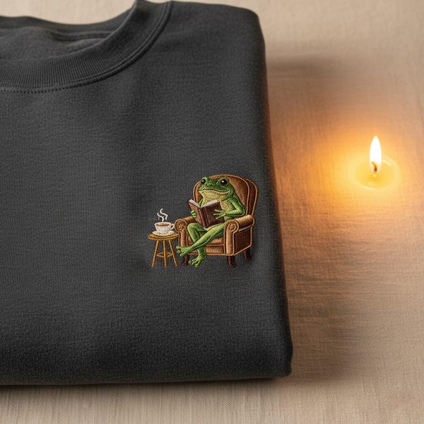 Frog Reading Book Embroidered Sweatshirt, Cottagecore Aesthetic, Froggy Cozy Academia Sweater, Book Lover Gift, Dark Academia Clothing