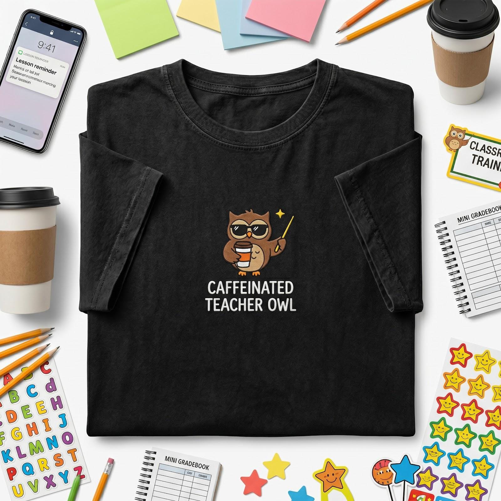 Embroidered T Shirt, Caffeinated Teacher Owl, Coffee Lover Educator, Funny School Owl, Classroom Tea