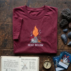 May include: A maroon short-sleeve t-shirt featuring an embroidered graphic of an underwater volcanic vent with orange flames, white tube worms, and a small orange crab. The text "HEAT BELOW" is embroidered in white beneath the graphic.