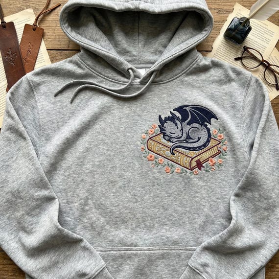 Embroidered Dragon on Book Hoodie, Fourth Wing Reader Gift, Literary Bookish Cozy Sweatshirt, Fantasy Book Club Merch