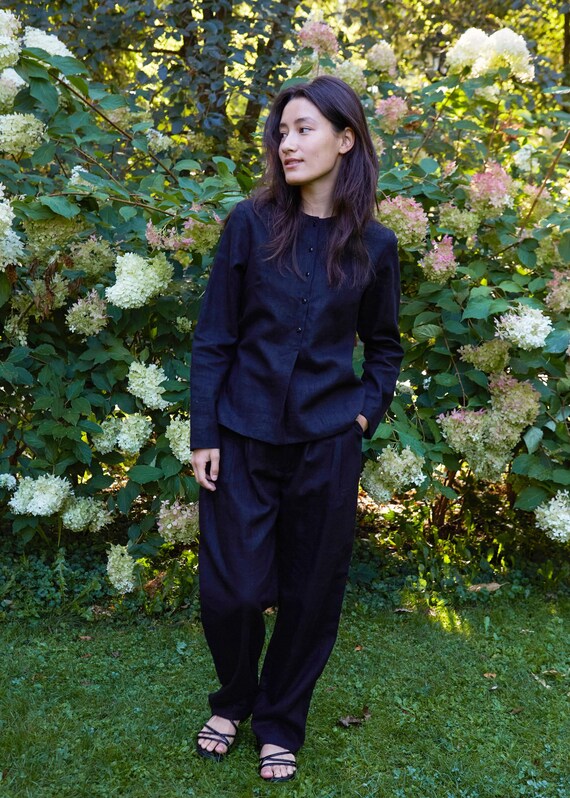 Black Linen Suit: Women's Tapered Pants Long Sleeve Set