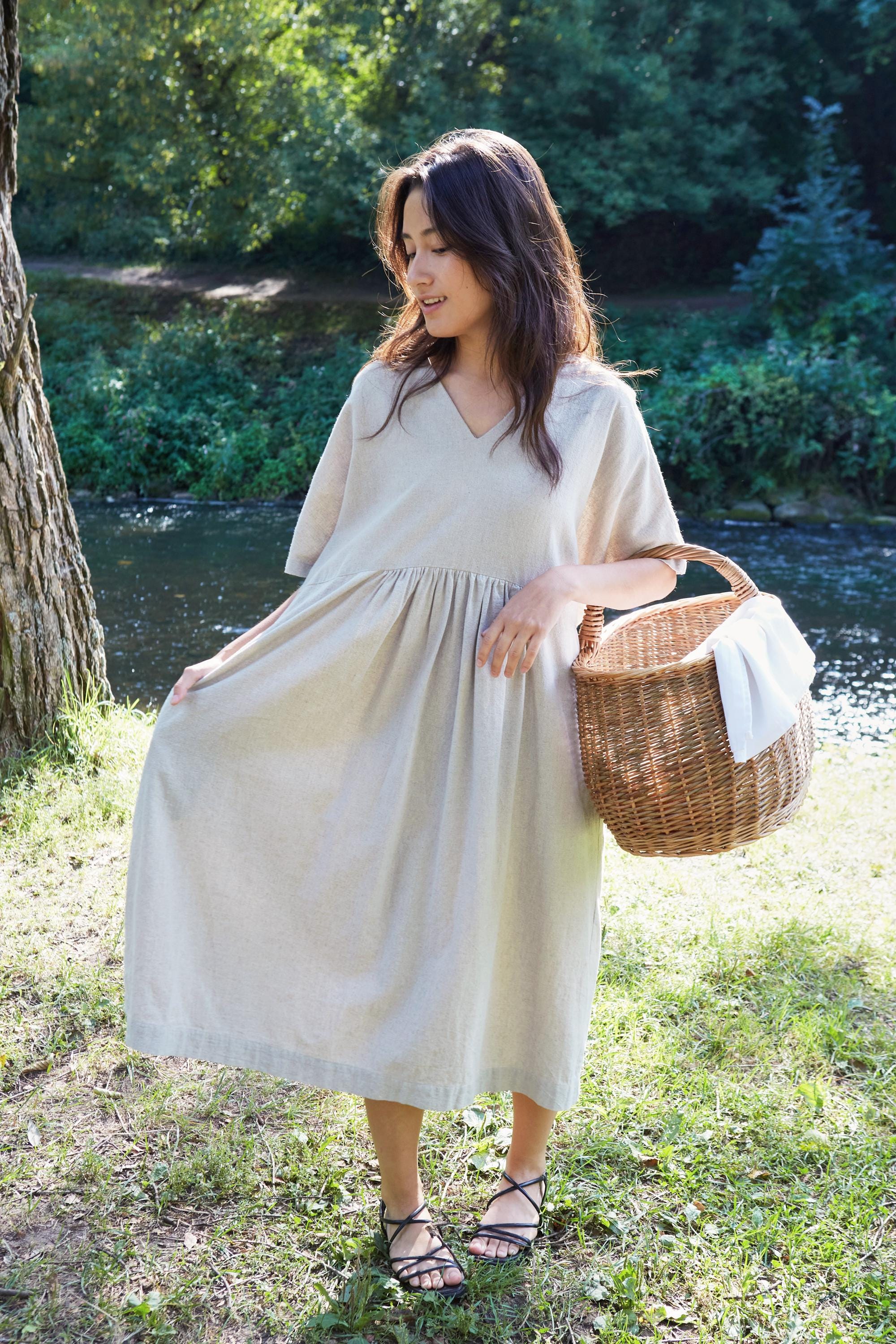 Oversized Linen Midi Dress V-Neck Vacation Garment