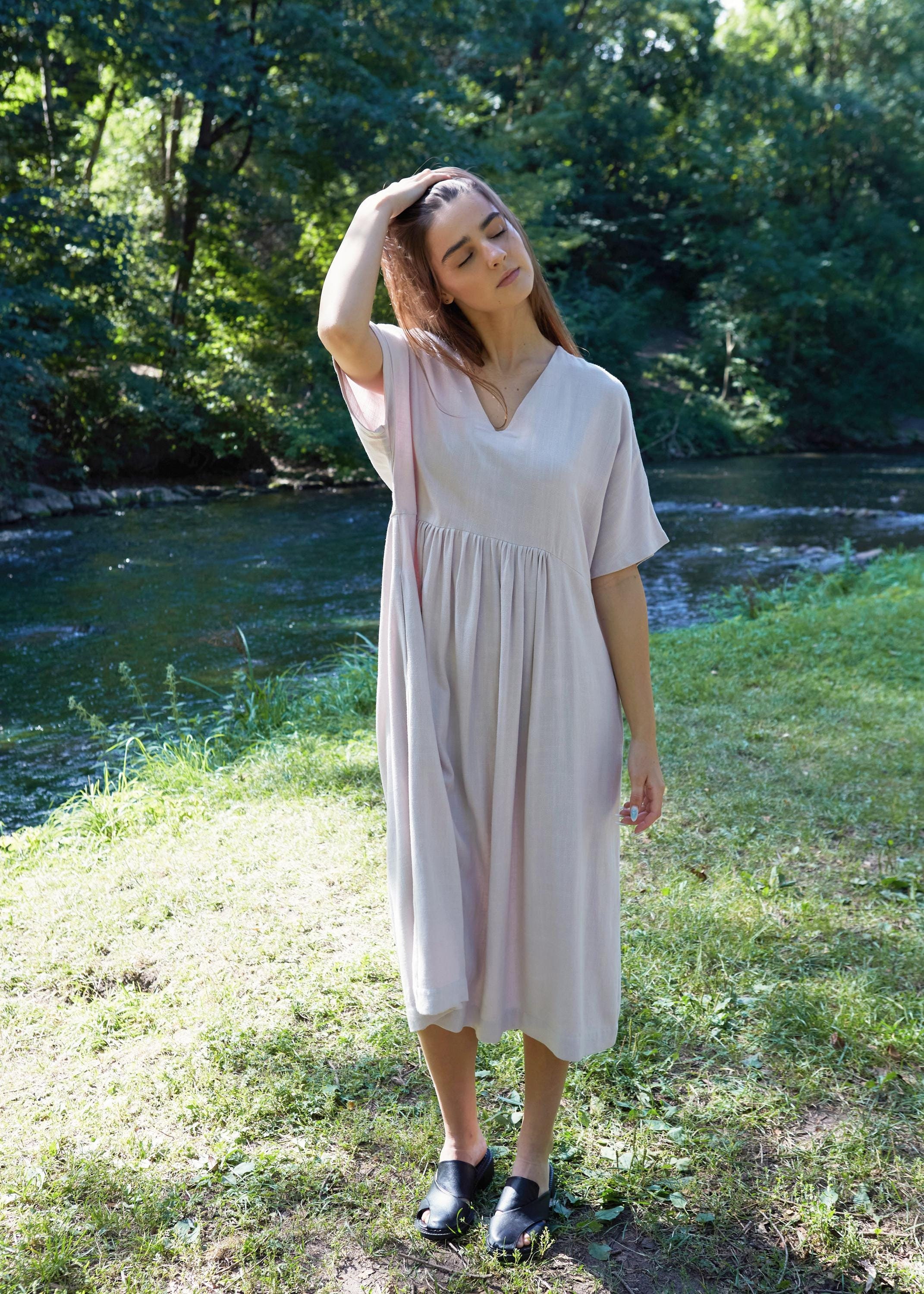 Abito oversize in lino, abito lungo da donna, abito lungo con