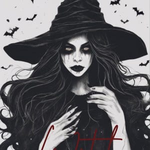 以下が含まれることがあります： 長い髪と尖った帽子を持つ魔女の白黒イラスト。魔女は濃いメイクと長い爪をしています。背景にはコウモリが飛んでおり、「Witch」の文字が赤で書かれています。