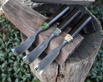 Handgefertigter Satz von drei Holzschnitzereien | Premium Handwerkzeuge zum Schnitzen, Whittlen, Relief & Span Holzbearbeitung - Holzschnitzer Set