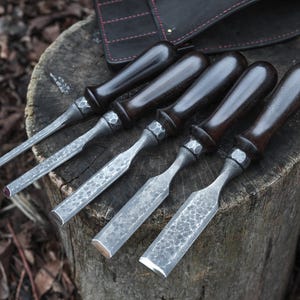 Peut inclure: Ensemble de six ciseaux à bois avec des manches en bois brun foncé et des lames en métal texturé. Les ciseaux sont disposés sur une souche d'arbre.