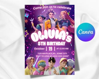 Invitación de cumpleaños estilo anime K-Pop / Plantilla editable de Canva (archivo digital)