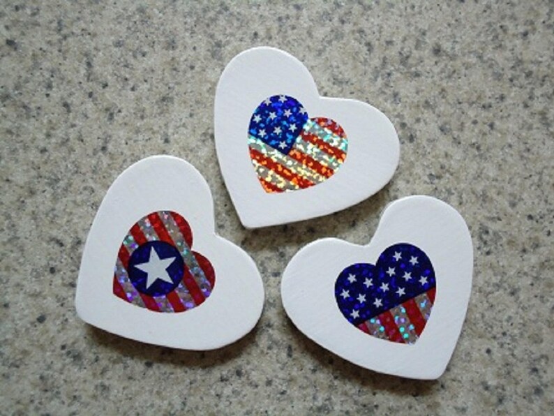 Set of 3 Patriotic Holographic Flag Hearts on White, Wood Heart Magnets Kitchen Decor image 9