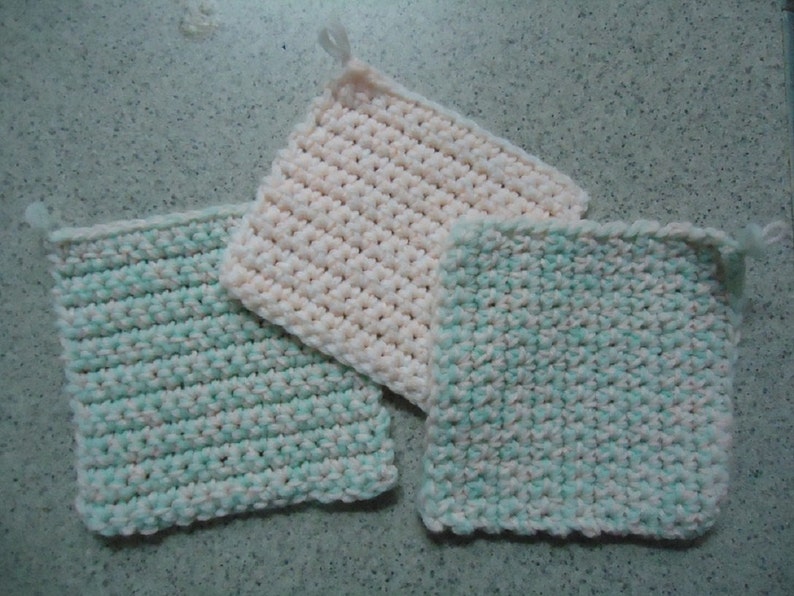 Kitchen Decor Set of 3 Mint Green and Pale Peach Hand Crocheted Potholders