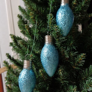 Set of 3 Sky Blue Glass Light Bulb Christmas Tree Ornaments