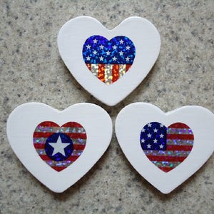 Set of 3 Patriotic Holographic Flag Hearts on White, Wood Heart Magnets Kitchen Decor image 2