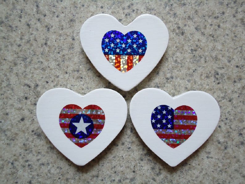 Set of 3 Patriotic Holographic Flag Hearts on White, Wood Heart Magnets Kitchen Decor image 2