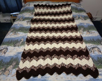 Espresso, Aran and Chocolate Hand Crocheted Small Ripple Afghan - Blanket, Throw