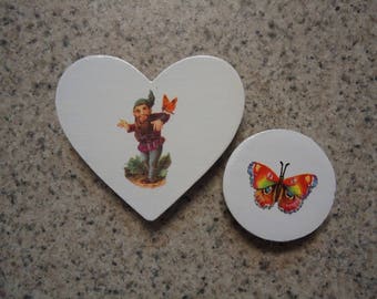Set of 2 Gnome and Colorful Butterfly on White Wood Heart, Circle Magnets - Home Interior - Kithcen Decor