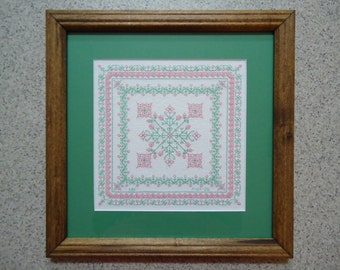 Pink and Green Celtic Bouquet - Floral Cross Stitch Picture - Wall Decor