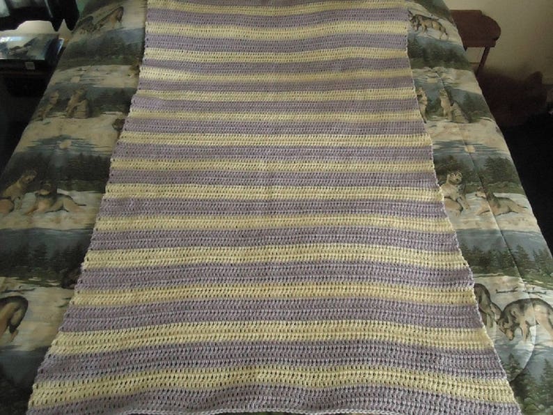 Aran and Lilac Hand Crocheted Stripes Afghan, Blanket, Throw Home Decor image 2