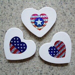 Set of 3 Patriotic Holographic Flag Hearts on White, Wood Heart Magnets Kitchen Decor image 5