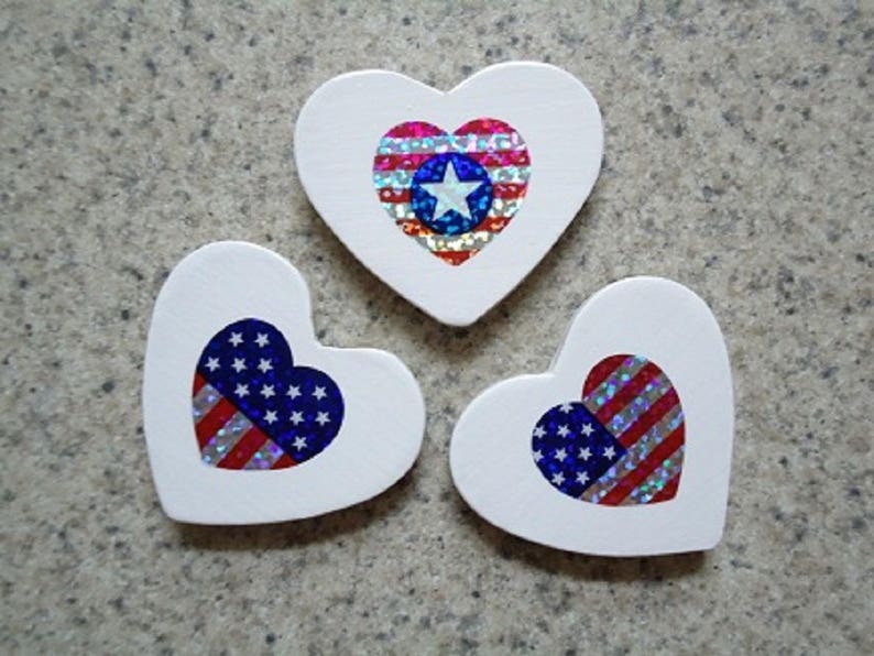 Set of 3 Patriotic Holographic Flag Hearts on White, Wood Heart Magnets Kitchen Decor image 5