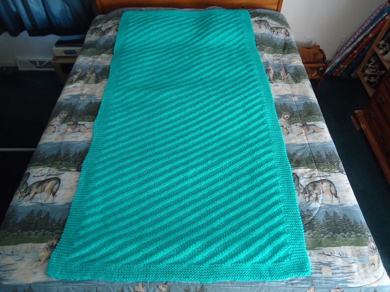 Turquoise Hand Knitted Diagonal Stripe Afghan Blanket Throw - Etsy