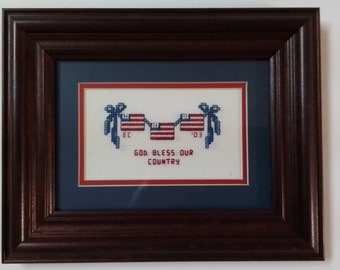 God Bless Our Country - Inspirational Framed Cross Stitch Picture- Patriotic Wall Decor