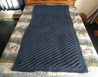 Cape Cod Blue Hand Knitted Diagonal Stripes Afghan, Blanket, Throw - Home Decor