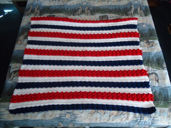 Throw Cherry Red and White Large Hand Crocheted Triple Pattern Afghan Home Decor Patriotic Afghan Blanket Midnight Blue