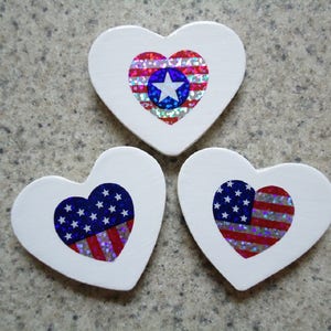 Set of 3 Patriotic Holographic Flag Hearts on White, Wood Heart Magnets Kitchen Decor image 4