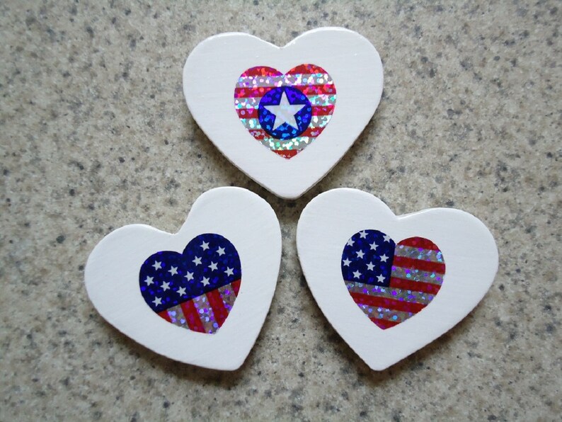 Set of 3 Patriotic Holographic Flag Hearts on White, Wood Heart Magnets Kitchen Decor image 4