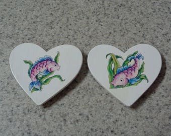 Set of 2 Colorful Fish on White Wood Heart Magnets - Home Interior - Kitchen Decor