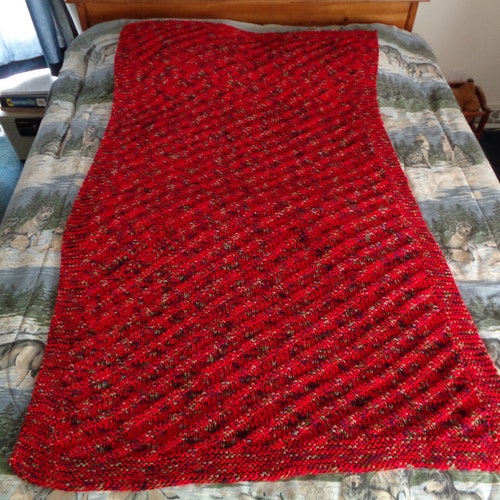 Cherry Red and Perennial Hand Knitted Diagonal Stripe Afghan, Blanket, Throw - Home Decor shops