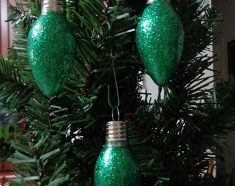 Set of 3 Emerald Green Glass Light Bulb Christmas Tree Ornaments