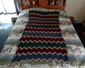 Taupe, Forest Green,  Claret, and Cape Cod Blue Hand Crocheted Small Ripple Afghan,  Blanket, Throw