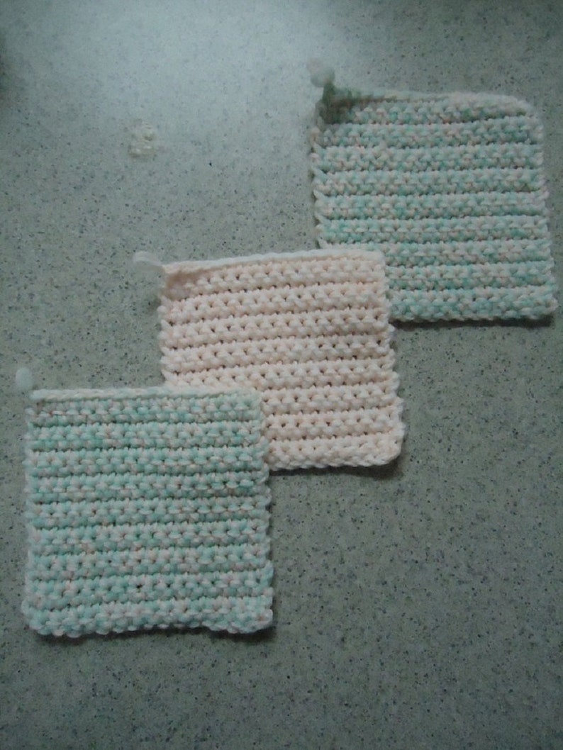 Kitchen Decor Set of 3 Mint Green and Pale Peach Hand Crocheted Potholders