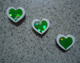 Set of 3 Mini Lime Green  Holographic Hearts on Mini White Wood Heart Magnets - Kitchen Decor