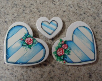 Set of 3  Blue Hearts on White Wood Heart Magnets - Kitchen Decor