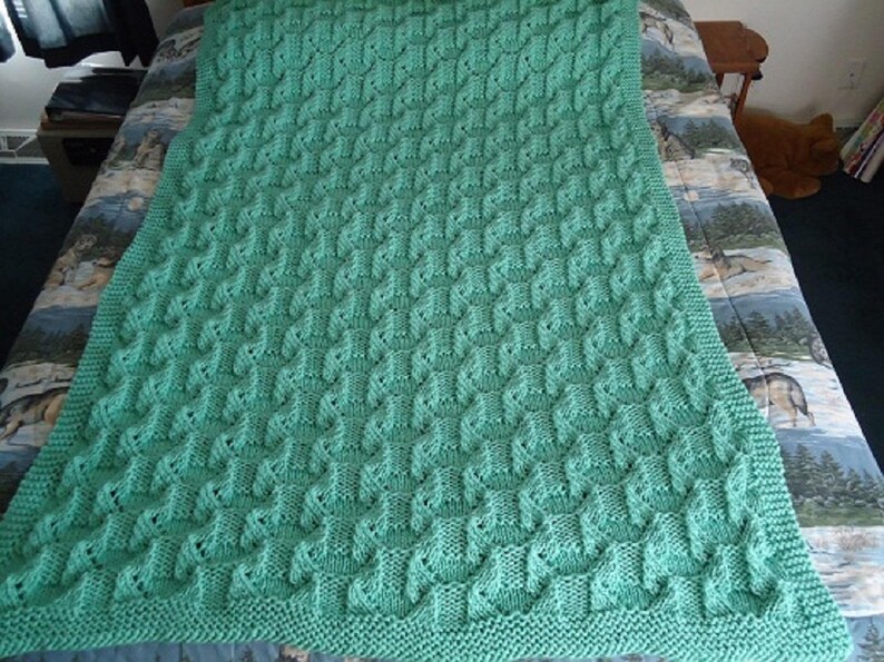 Soft Sage Hand Knitted Geometric Afghan, Blanket, Throw Home Decor image 1