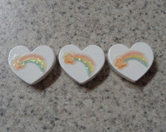 Set of 3 Rainbow Shooting Stars on Tiny White Wood Heart Magnets - Home Interior - Kitchen Decor