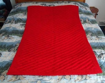Cherry Red Hand Knitted Diagonal Stripe Afghan, Blanket, Throw - Home Decor