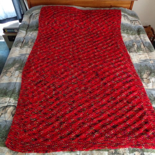 Cherry Red and Perennial Hand Knitted Diagonal Stripe Afghan, Blanket, Throw - Home Decor shops