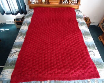 Claret Hand Knitted Basketweave Afghan, Blanket, Throw - Home Decor