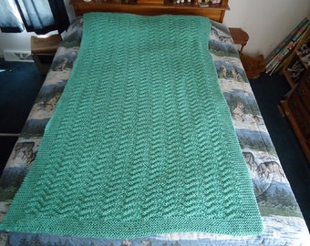 Soft Sage Hand Knitted Chevron Afghan,  Blanket,  Throw  - Home Decor