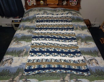 White, Taupe, Cape Cod Blue and Country Basket Hand Crocheted Small Stripes Afghan - Blanket, Throw
