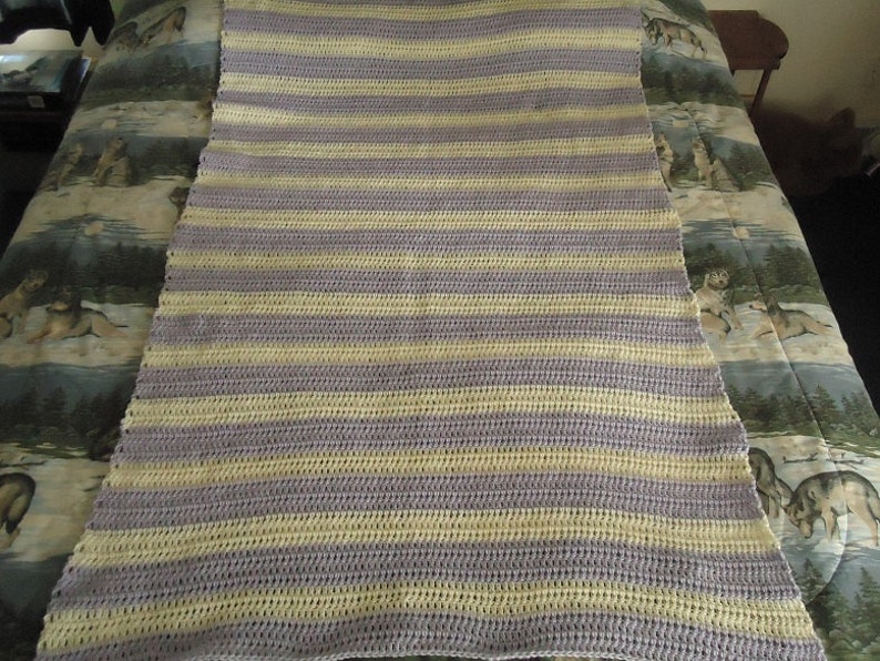 Aran and Lilac Hand Crocheted Stripes Afghan, Blanket, Throw Home Decor image 1