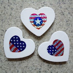 Set of 3 Patriotic Holographic Flag Hearts on White, Wood Heart Magnets Kitchen Decor image 6